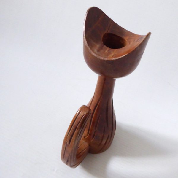 Scoop head cat carved wooden candlestick, candle holder. Vintage retro 1970s - Image 7