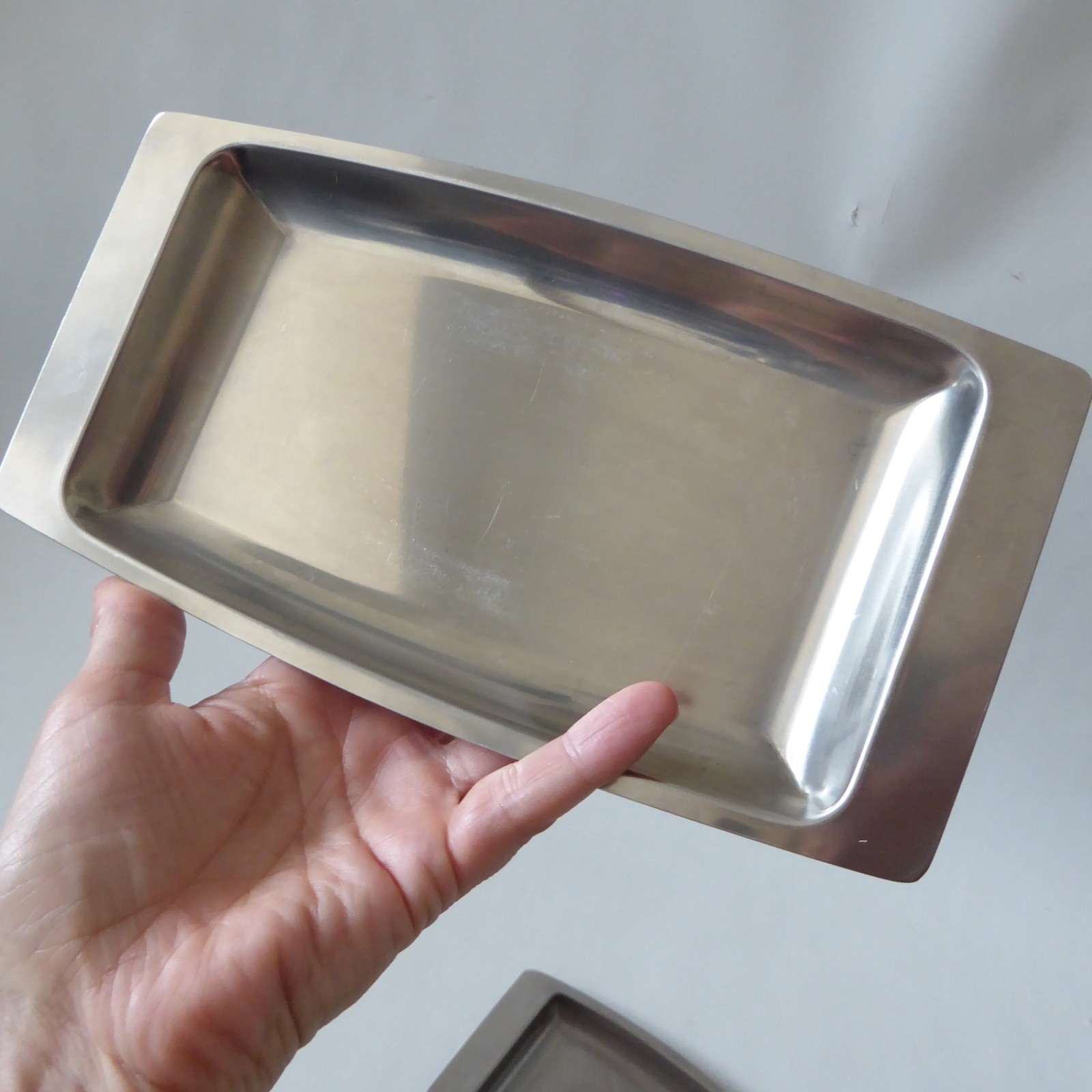 Set 3 nesting stacking vintage stainless steel serving dishes trays. Danish & HK - Image 13