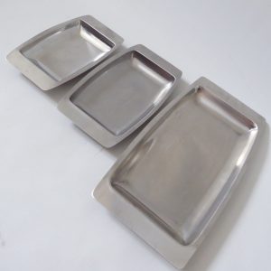 Set 3 nesting stacking vintage stainless steel serving dishes trays. Danish & HK
