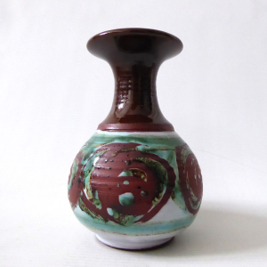 Signed vintage studio pottery bud stem vase, handmade thrown clay, brown & teal