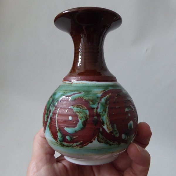 Signed vintage studio pottery bud stem vase, handmade thrown clay, brown & teal - Image 7