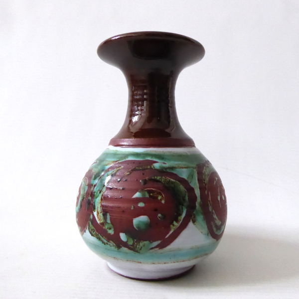 Signed vintage studio pottery bud stem vase, handmade thrown clay, brown & teal