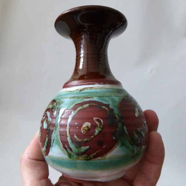Signed vintage studio pottery bud stem vase, handmade thrown clay, brown & teal - Image 8