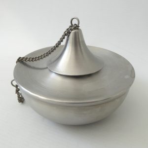 Stainless steel modernist oil lamp base & snuffer lid. Retro 1960s style candle