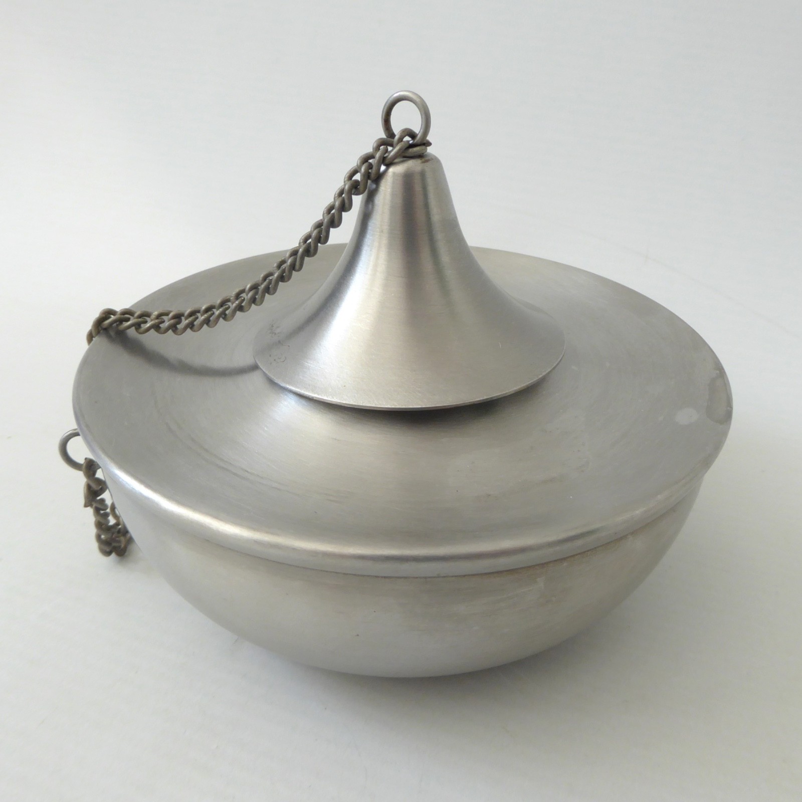 Stainless steel modernist oil lamp base & snuffer lid. Retro 1960s style candle