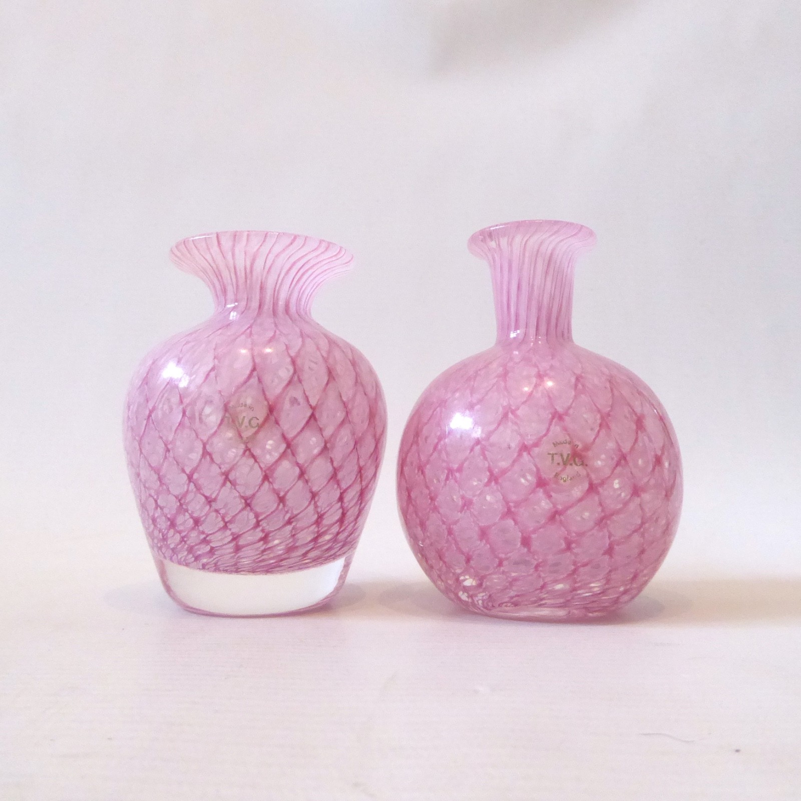 Teign Valley Glass TGV art glass pair small pink vases, handmade criss-cross