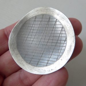 Vintage 1970s modernist round steel metal handmade brooch, space age retro pin