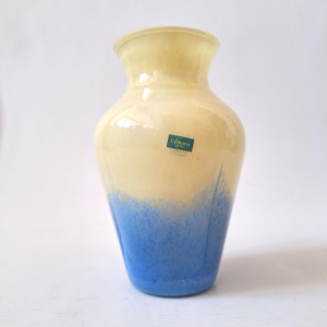 Vintage Caithness art glass vase, blue speckled over yellow, cased white, 1990s