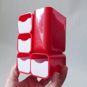 Vintage HOF mid century red plastic desk organiser pen holder drawers, MOD retro