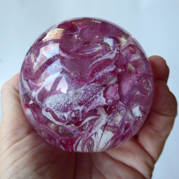 Vintage Langham Glass art glass paperweight, pink white clear bubble scramble - Image 11