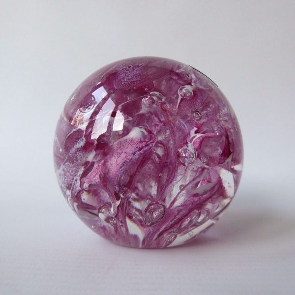 Vintage Langham Glass art glass paperweight, pink white clear bubble scramble