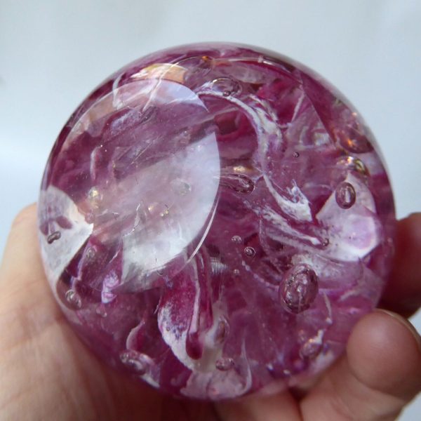 Vintage Langham Glass art glass paperweight, pink white clear bubble scramble - Image 9