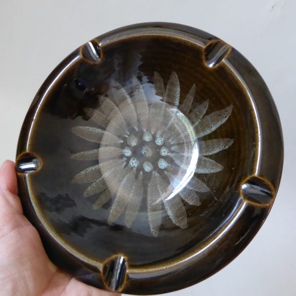 Vintage Lotus Pottery large round ashtray bowl dish, sage green + daisy petal. - Image 3