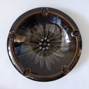 Vintage Lotus Pottery large round ashtray bowl dish, sage green + daisy petal.