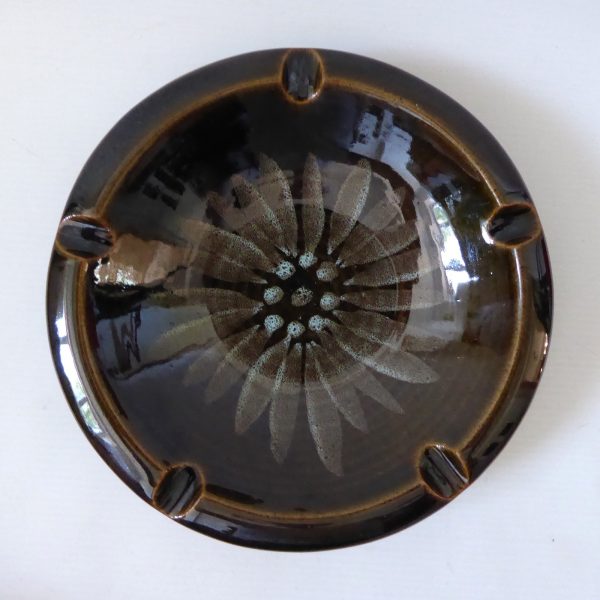 Vintage Lotus Pottery large round ashtray bowl dish, sage green + daisy petal.