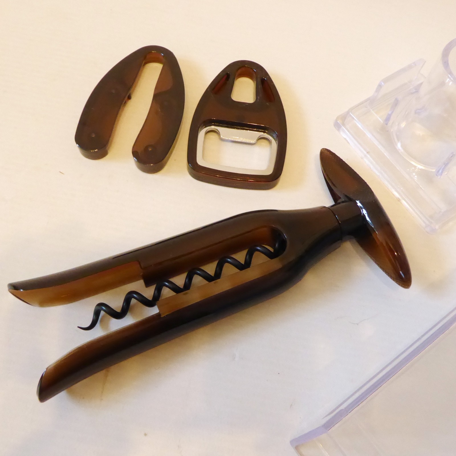 Vintage Screwpull corkscrew wine drinks +bottle opener foil cutter brown acrylic - Image 7
