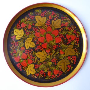 Vintage USSR Soviet Russian hand painted wooden plate tray Khokhloma folk art