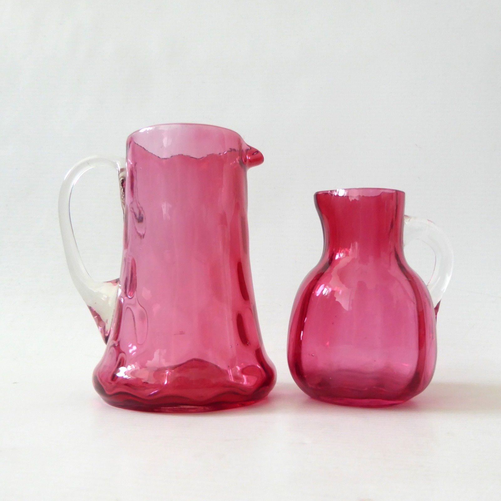 Vintage antique cranberry pink glass jugs, honeycomb & ribbed. Victorian style
