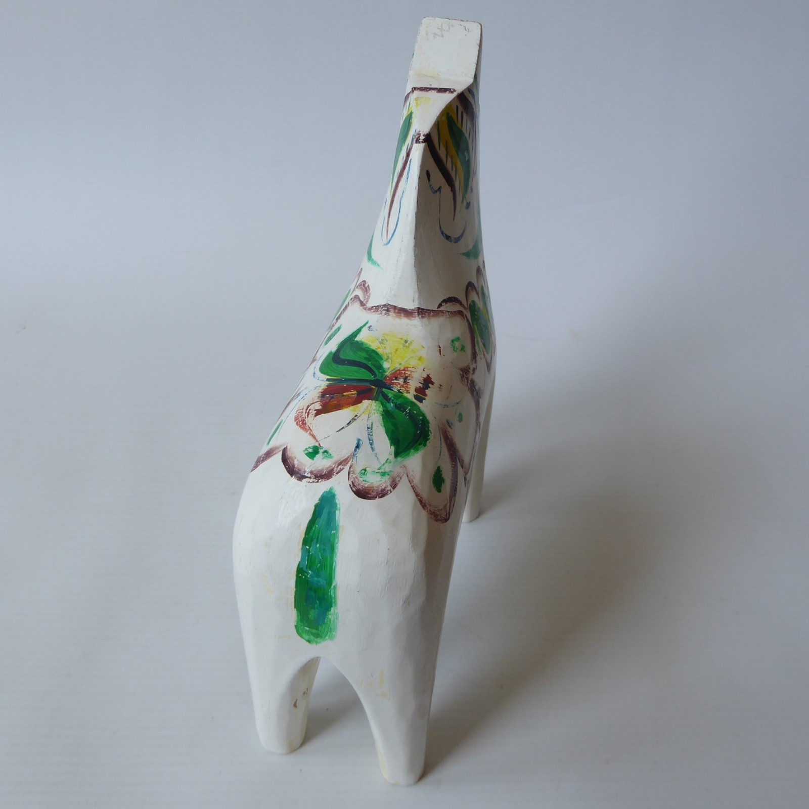 Vintage large 8" carved wooden Swedish Dala horse figure. White green G Olsson - Image 7
