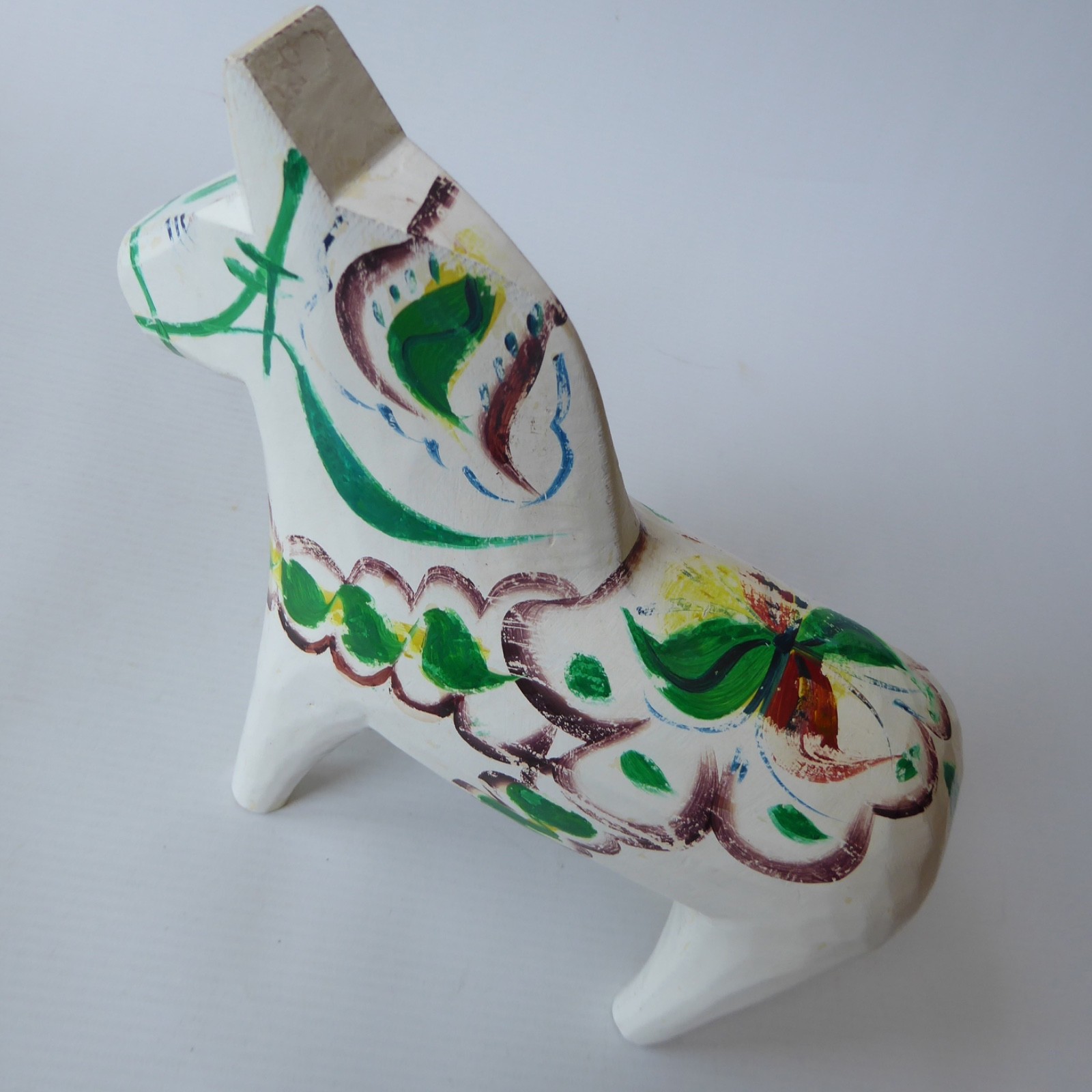 Vintage large 8" carved wooden Swedish Dala horse figure. White green G Olsson - Image 8