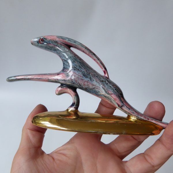 Vintage leaping hare figurine. Grey pink gold stylised jumping rabbit, 50s retro - Image 16