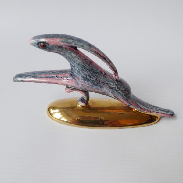 Vintage leaping hare figurine. Grey pink gold stylised jumping rabbit, 50s retro - Image 3
