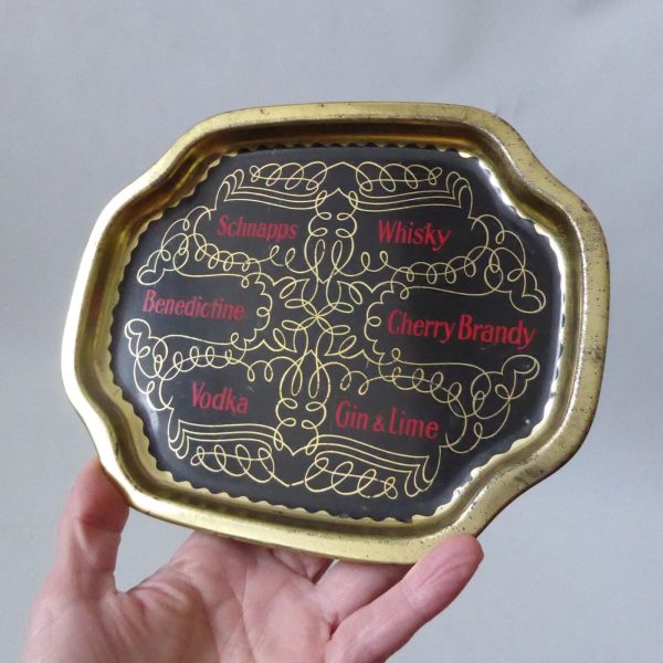 Vintage small drinks tray, shot glass, aperitif appetisers cocktails. Black gold - Image 6