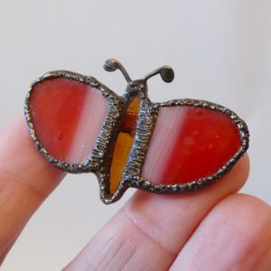 Vintage stained glass handmade butterfly brooch. Red & lead/tin solder. Retro