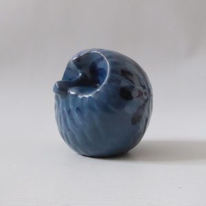 Vintage studio pottery owl/hedgehog. Blue round handmade figurine + flower motif