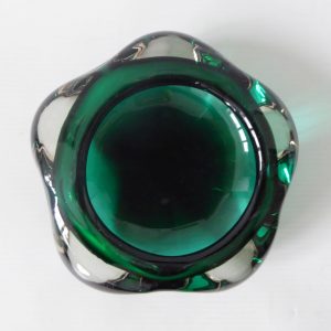 Whitefriars cased green 9625 vintage art glass bowl, lobed ashtray dish, 1960s