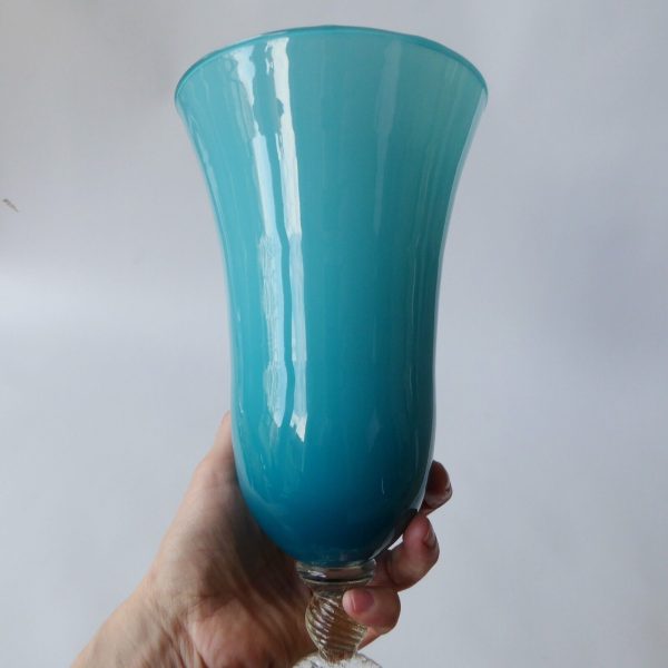 13" Vintage Empoli Italian art glass huge vase, cup. Cased turquoise opaline 70s - Image 11