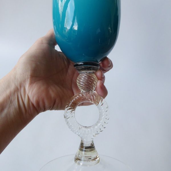 13" Vintage Empoli Italian art glass huge vase, cup. Cased turquoise opaline 70s - Image 12