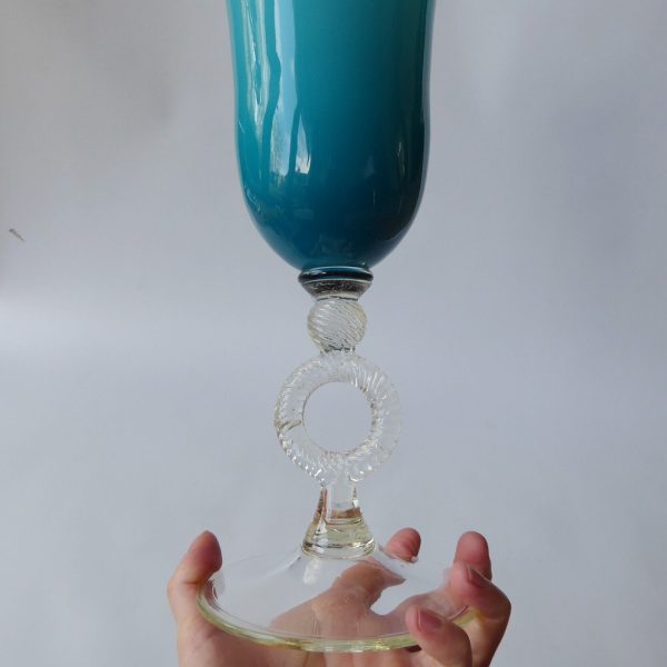 13" Vintage Empoli Italian art glass huge vase, cup. Cased turquoise opaline 70s - Image 13