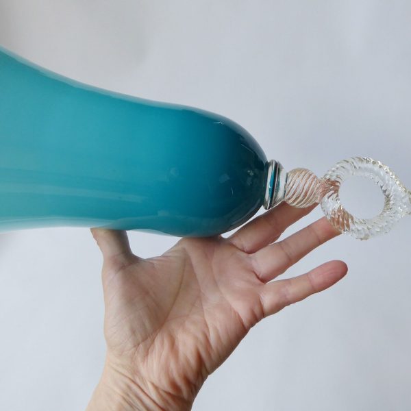 13" Vintage Empoli Italian art glass huge vase, cup. Cased turquoise opaline 70s - Image 14