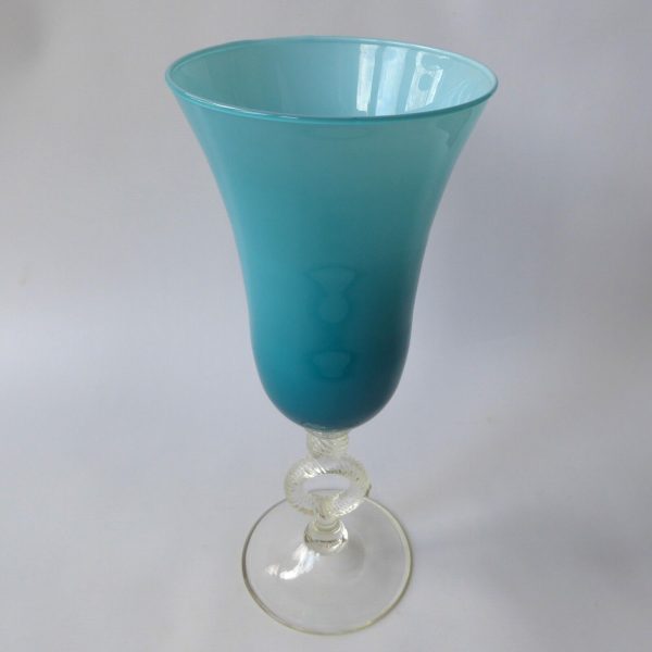 13" Vintage Empoli Italian art glass huge vase, cup. Cased turquoise opaline 70s - Image 3