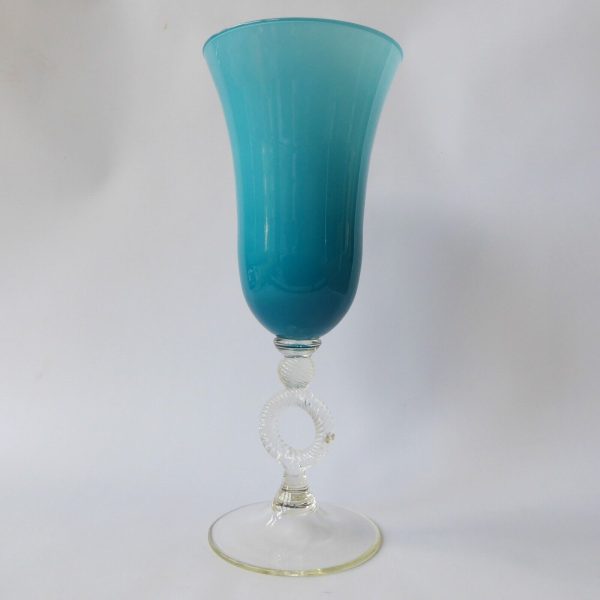 13" Vintage Empoli Italian art glass huge vase, cup. Cased turquoise opaline 70s - Image 4