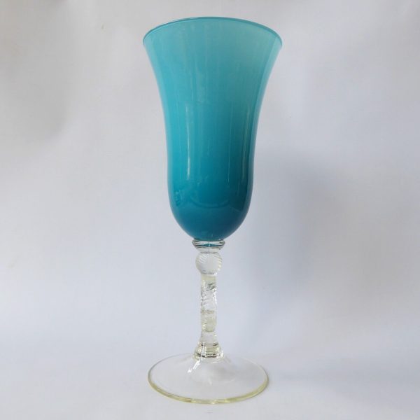 13" Vintage Empoli Italian art glass huge vase, cup. Cased turquoise opaline 70s - Image 5