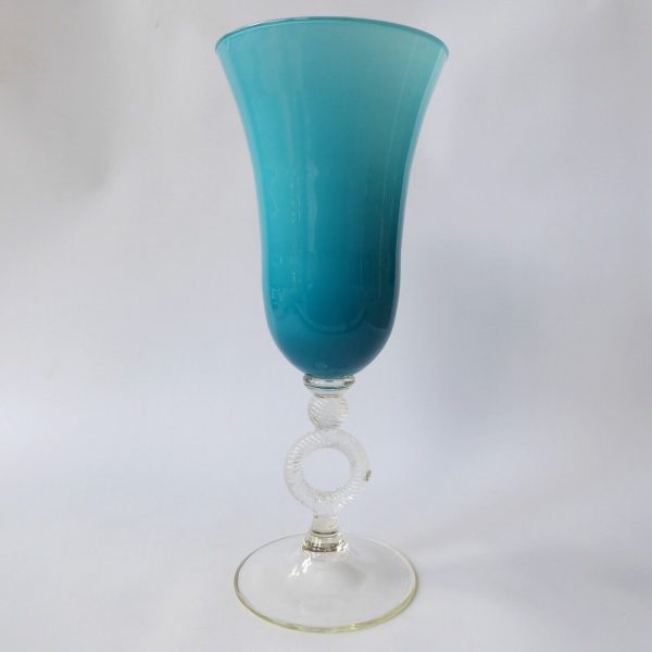 13" Vintage Empoli Italian art glass huge vase, cup. Cased turquoise opaline 70s