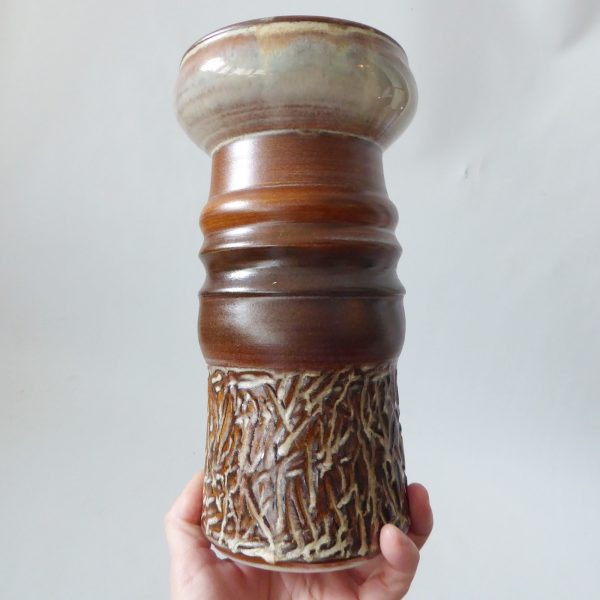 1960s Iden Pottery vase, art/studio. Large retro + brutalist textured brown. Rye - Image 5
