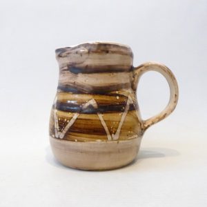 1970s David Sharp Rye Pottery jug pitcher, art/studio. Brown beige & wax resist