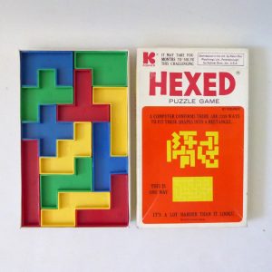 1972 Hexed Puzzle Game, vintage by Kohner Hi-Q. Plastic shapes challenge, 1970s