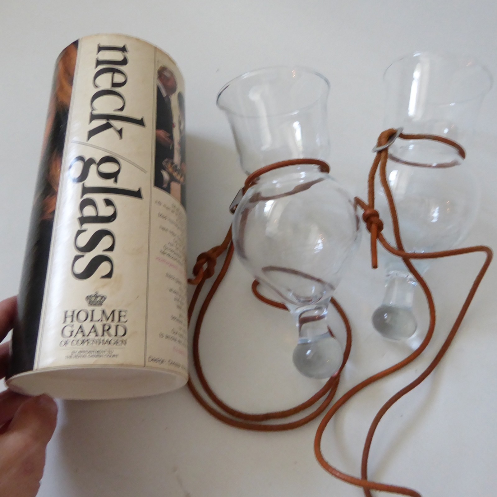 2x Holmegaard Neck Glass Christer Holmgren, 1970s vintage. Hanging wearable wine
