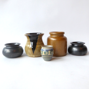 5 vintage Studio Pottery + stoneware vases bowls: Rye, Fulling Mill, Prinknash