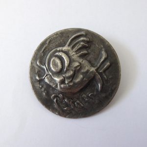 Arts and Crafts style pewter FISH brooch. Vintage handmade metal round retro pin