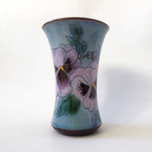 Chelsea Pottery Yannick Le Troadec art vase, blue pansies flowers. Vintage 1960s