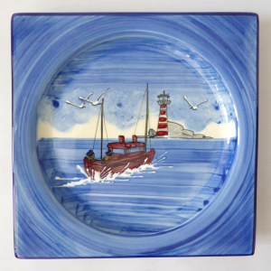 French T.D.F ornamental plate. Square hand painted wall hanging fishing boat sea