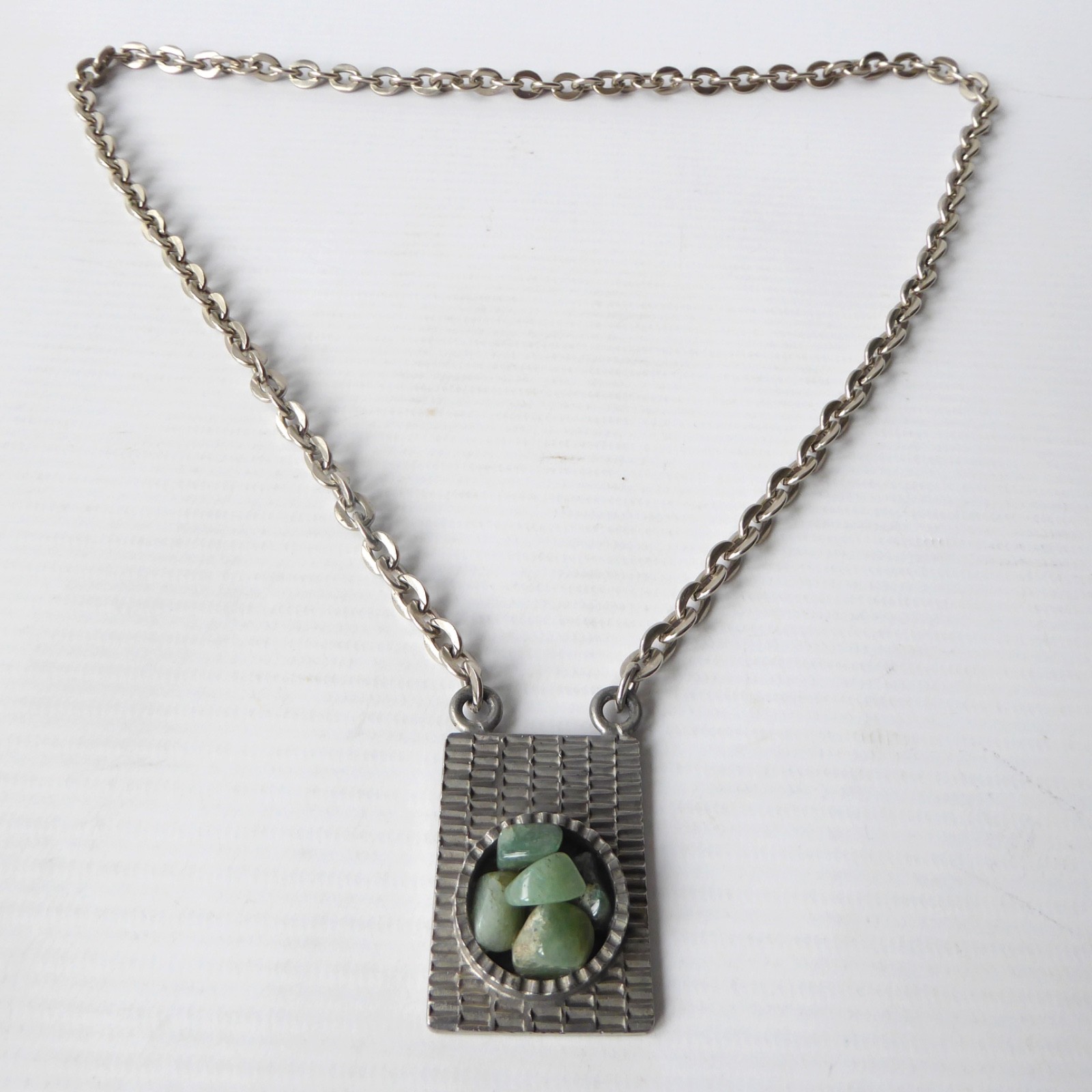 Jorgen Jensen vintage pewter pendant & necklace green gemstone. Brutalist 310B - Image 4
