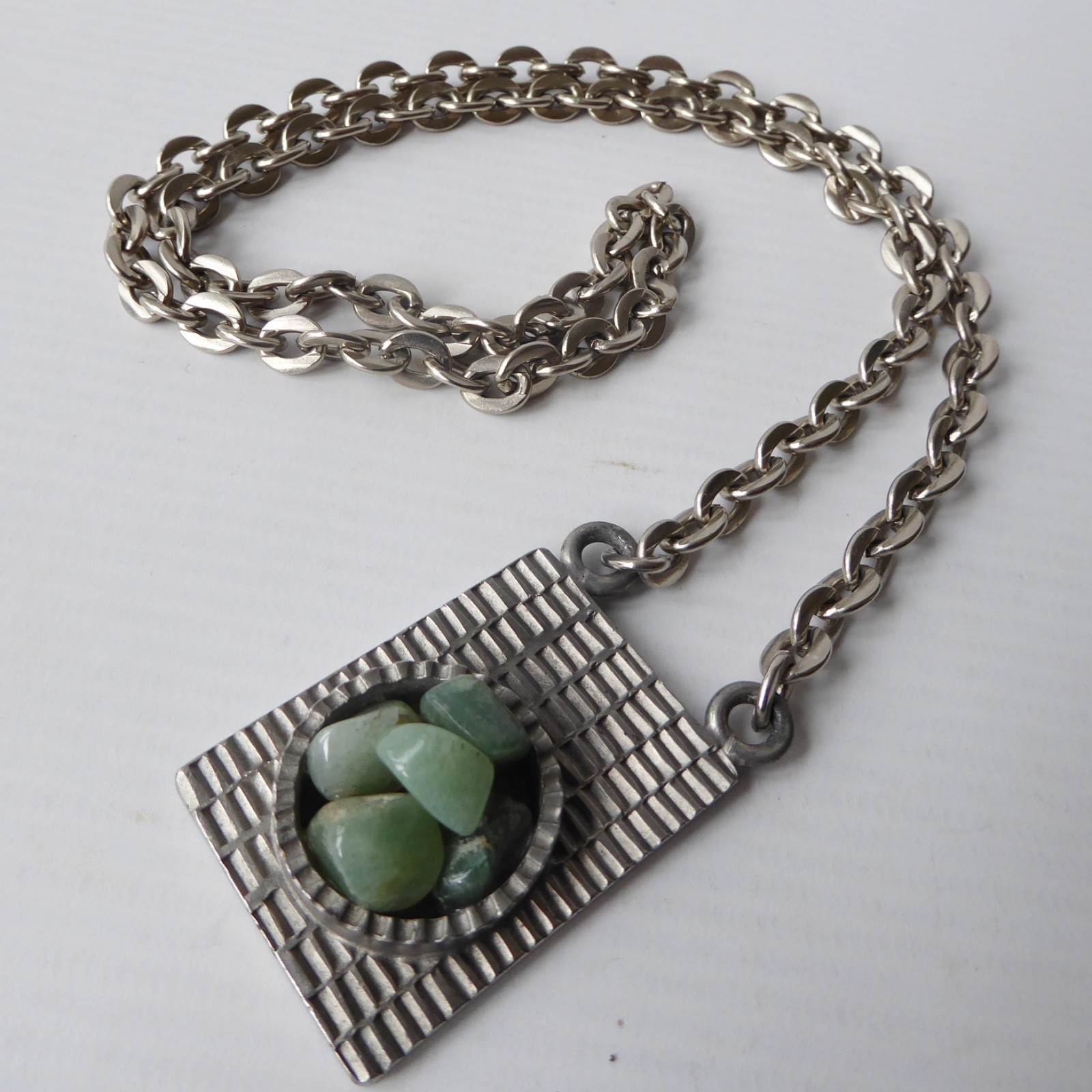 Jorgen Jensen vintage pewter pendant & necklace green gemstone. Brutalist 310B - Image 6