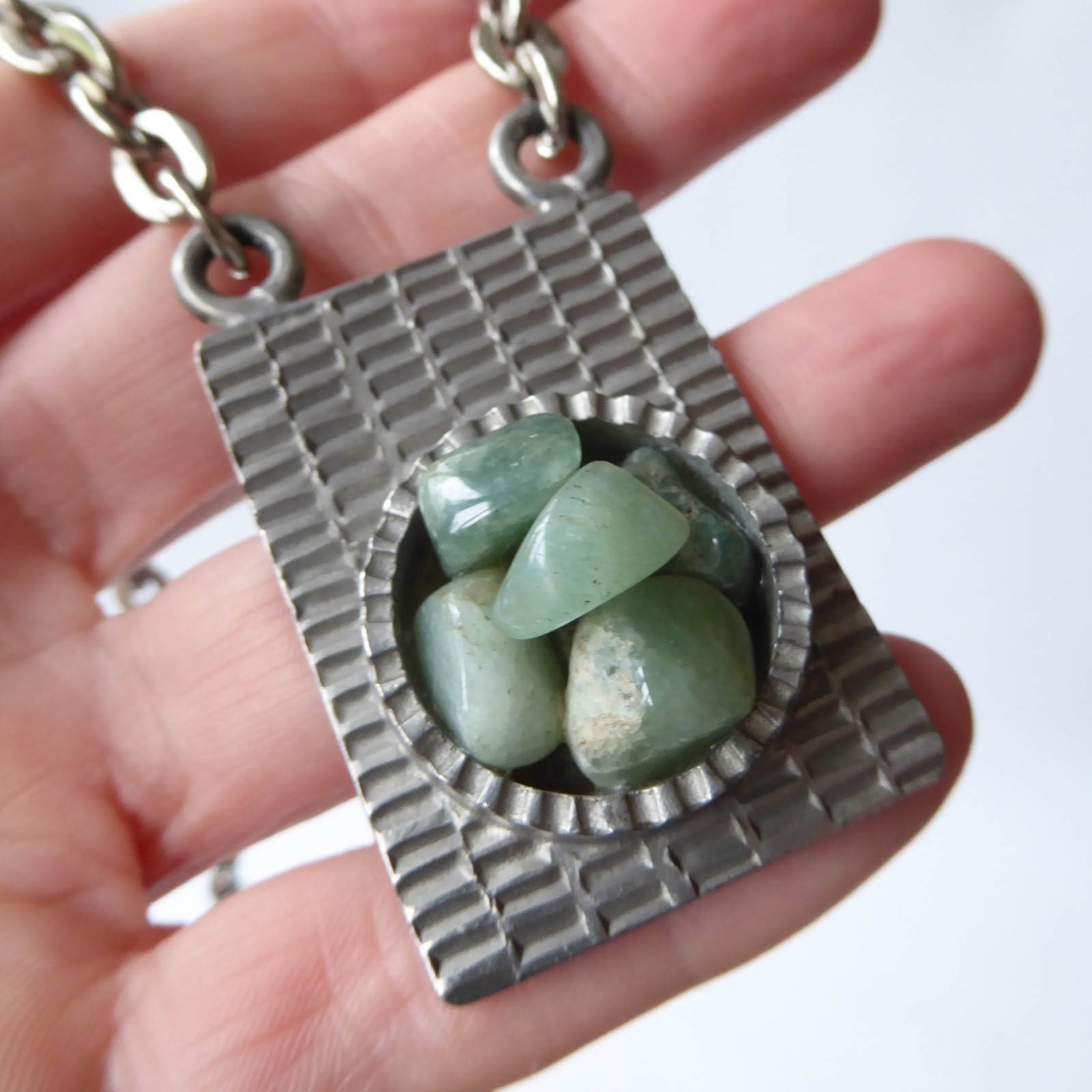 Jorgen Jensen vintage pewter pendant & necklace green gemstone. Brutalist 310B - Image 7