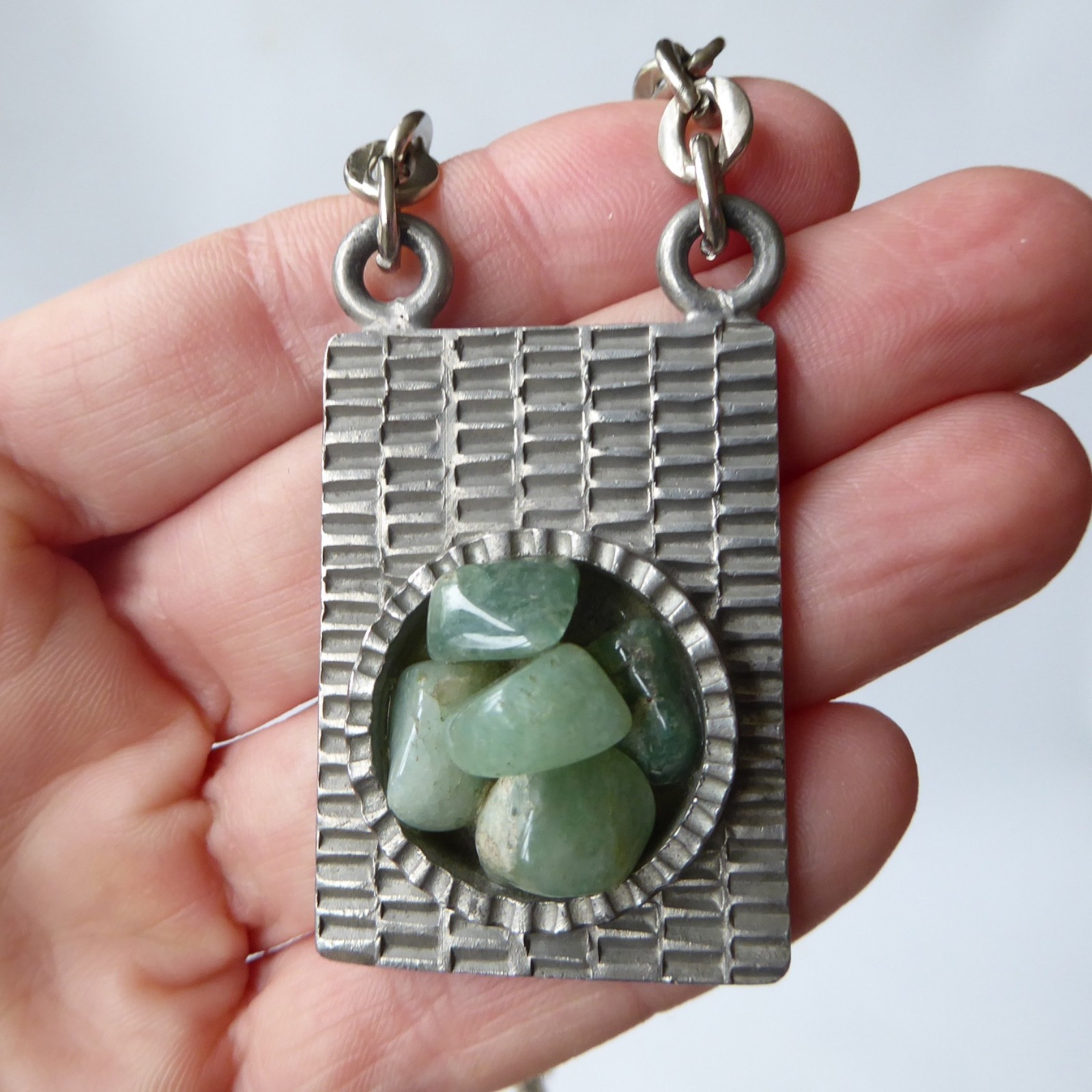 Jorgen Jensen vintage pewter pendant & necklace green gemstone. Brutalist 310B - Image 8